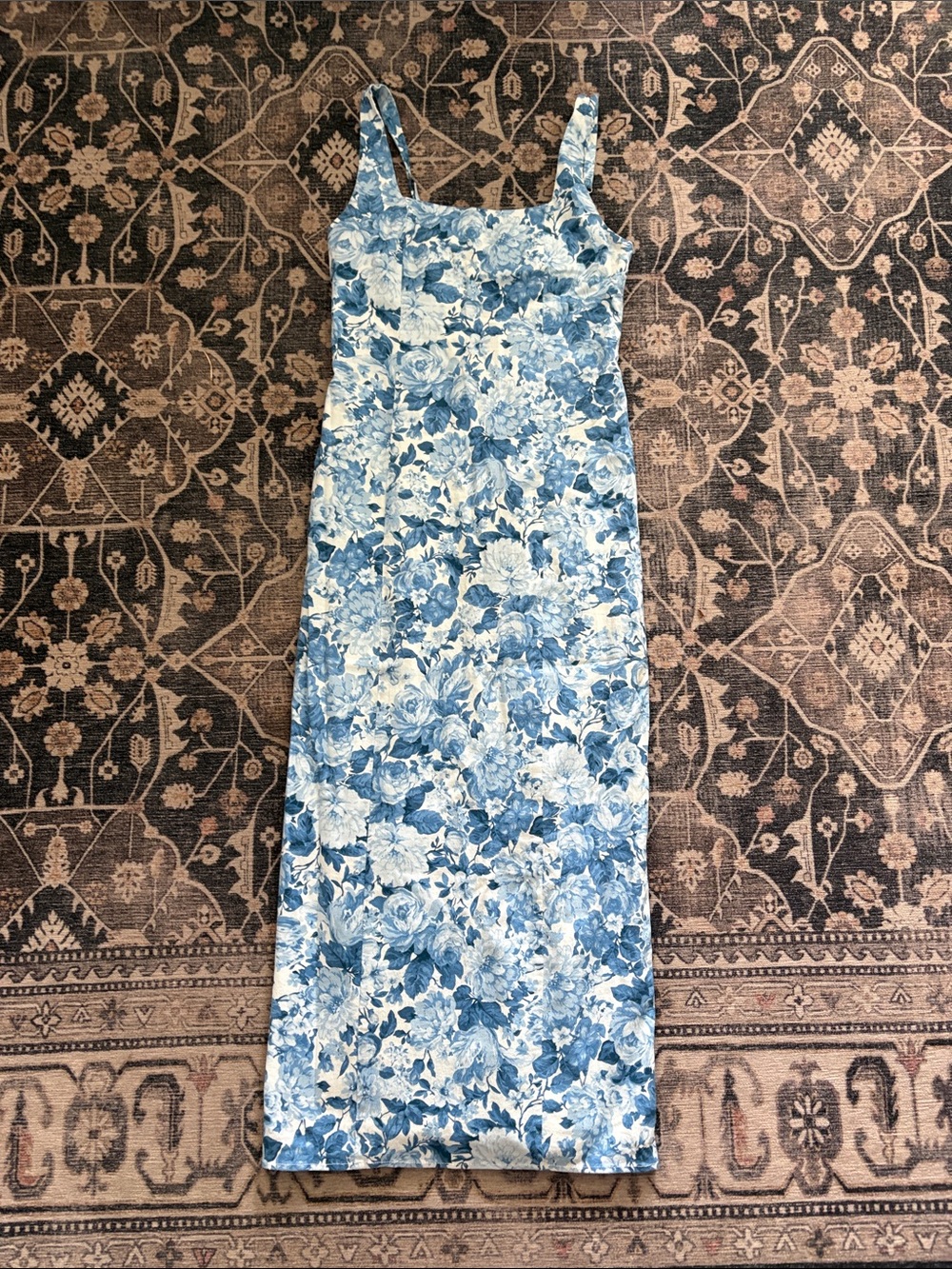 Abercrombie and Fitch Blue Floral Square-Neck Midi Dress XSP